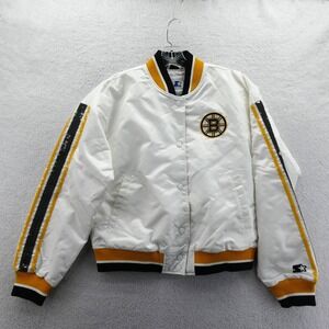 Starter Jacket Womens Medium Boston Bruins White Sequin Varsity Satin Bomber NHL